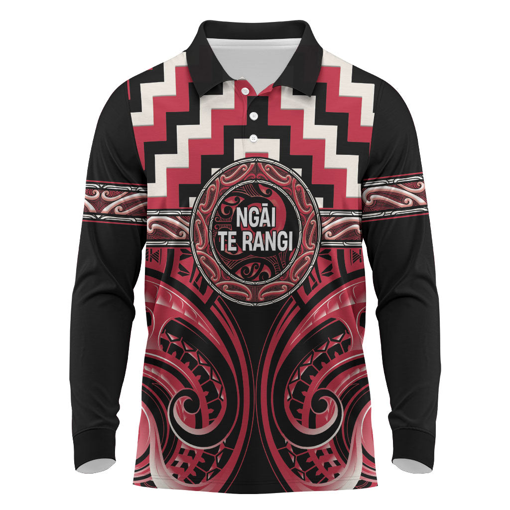 Aotearoa Ngai Te Rangi Personalised Long Sleeve Polo Shirt Maori Iwi Poutama Puhoro Tattoo LT14 Red - Polynesian Pride