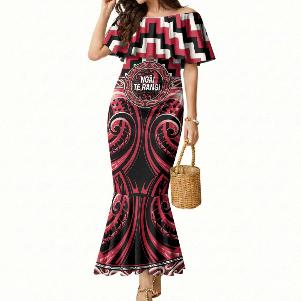 Aotearoa Ngai Te Rangi Personalised Mermaid Dress Maori Iwi Poutama Puhoro Tattoo LT14 Women Red - Polynesian Pride