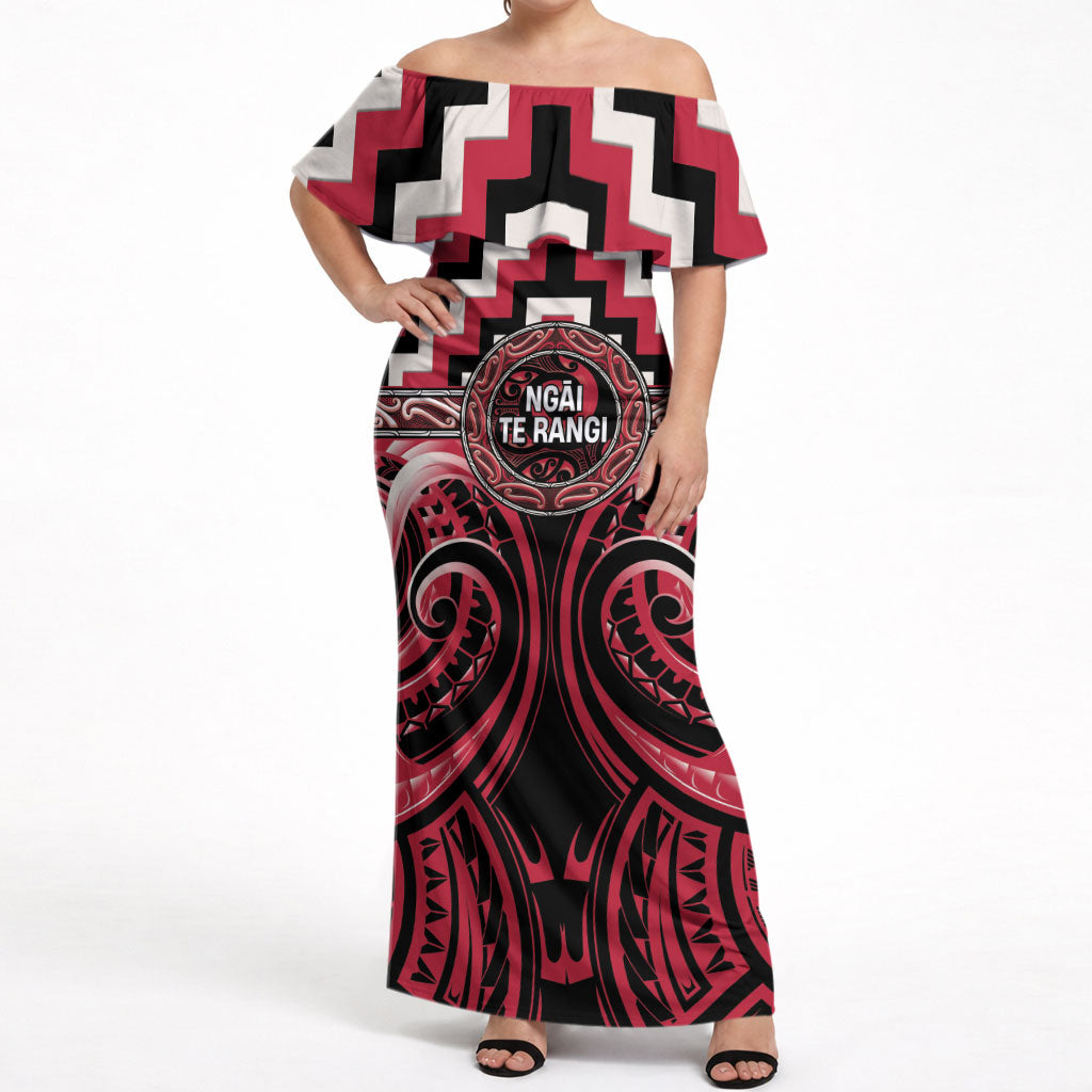Aotearoa Ngai Te Rangi Personalised Off Shoulder Maxi Dress Maori Iwi Poutama Puhoro Tattoo LT14 Women Red - Polynesian Pride