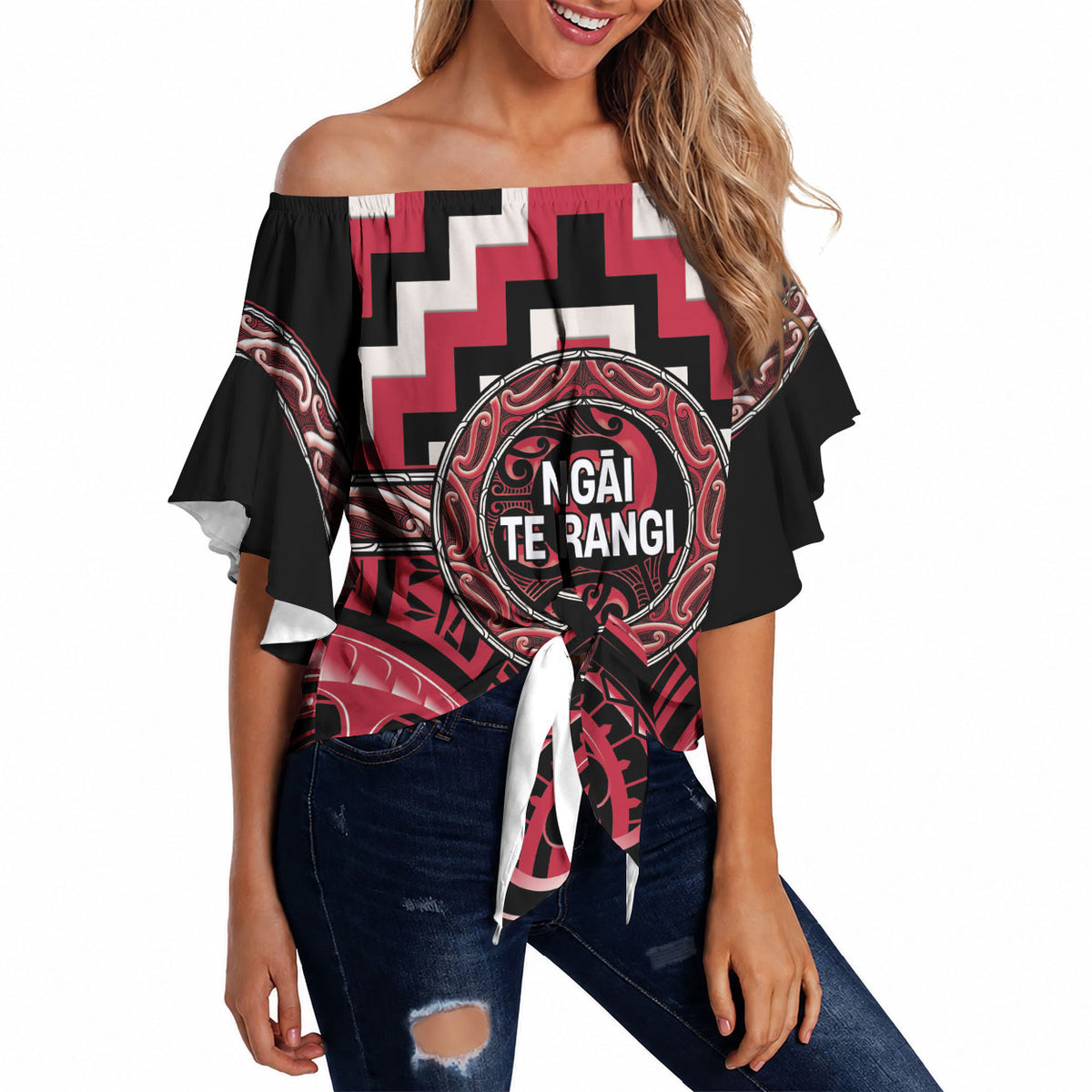 Aotearoa Ngai Te Rangi Personalised Off Shoulder Wrap Waist Top Maori Iwi Poutama Puhoro Tattoo LT14 Red - Polynesian Pride