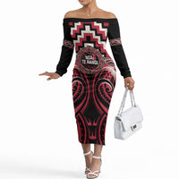 Aotearoa Ngai Te Rangi Personalised Off The Shoulder Long Sleeve Dress Maori Iwi Poutama Puhoro Tattoo LT14 Women Red - Polynesian Pride