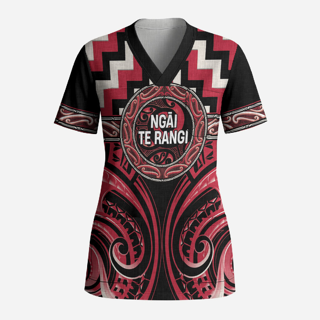 Aotearoa Ngai Te Rangi Personalised Scrub Top Maori Iwi Poutama Puhoro Tattoo LT14 Adult Red - Polynesian Pride