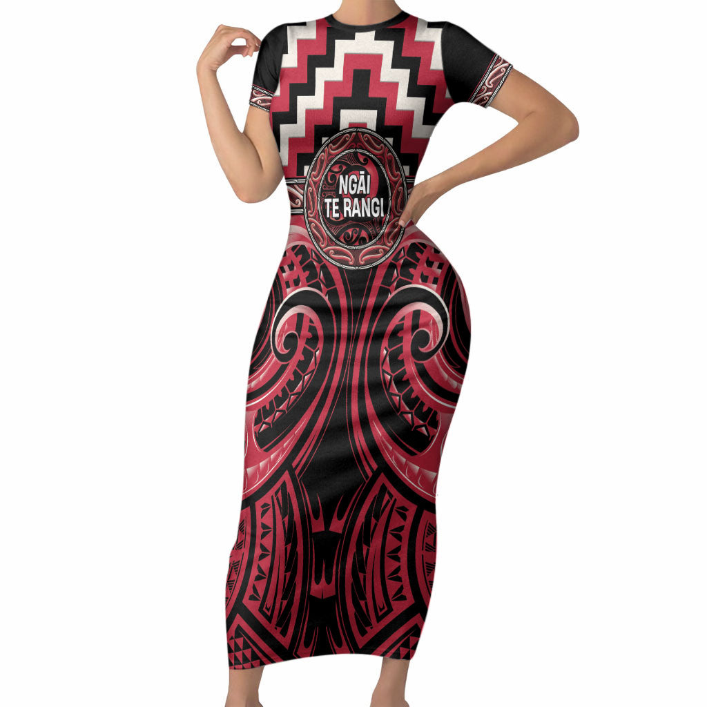 Aotearoa Ngai Te Rangi Personalised Short Sleeve Bodycon Dress Maori Iwi Poutama Puhoro Tattoo LT14 Long Dress Red - Polynesian Pride