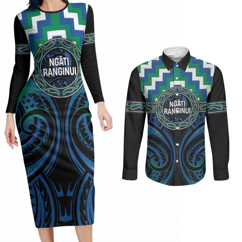 Aotearoa Ngati Ranginui Personalised Couples Matching Long Sleeve Bodycon Dress and Long Sleeve Button Shirt Maori Iwi Poutama Puhoro Tattoo LT14 Green - Polynesian Pride
