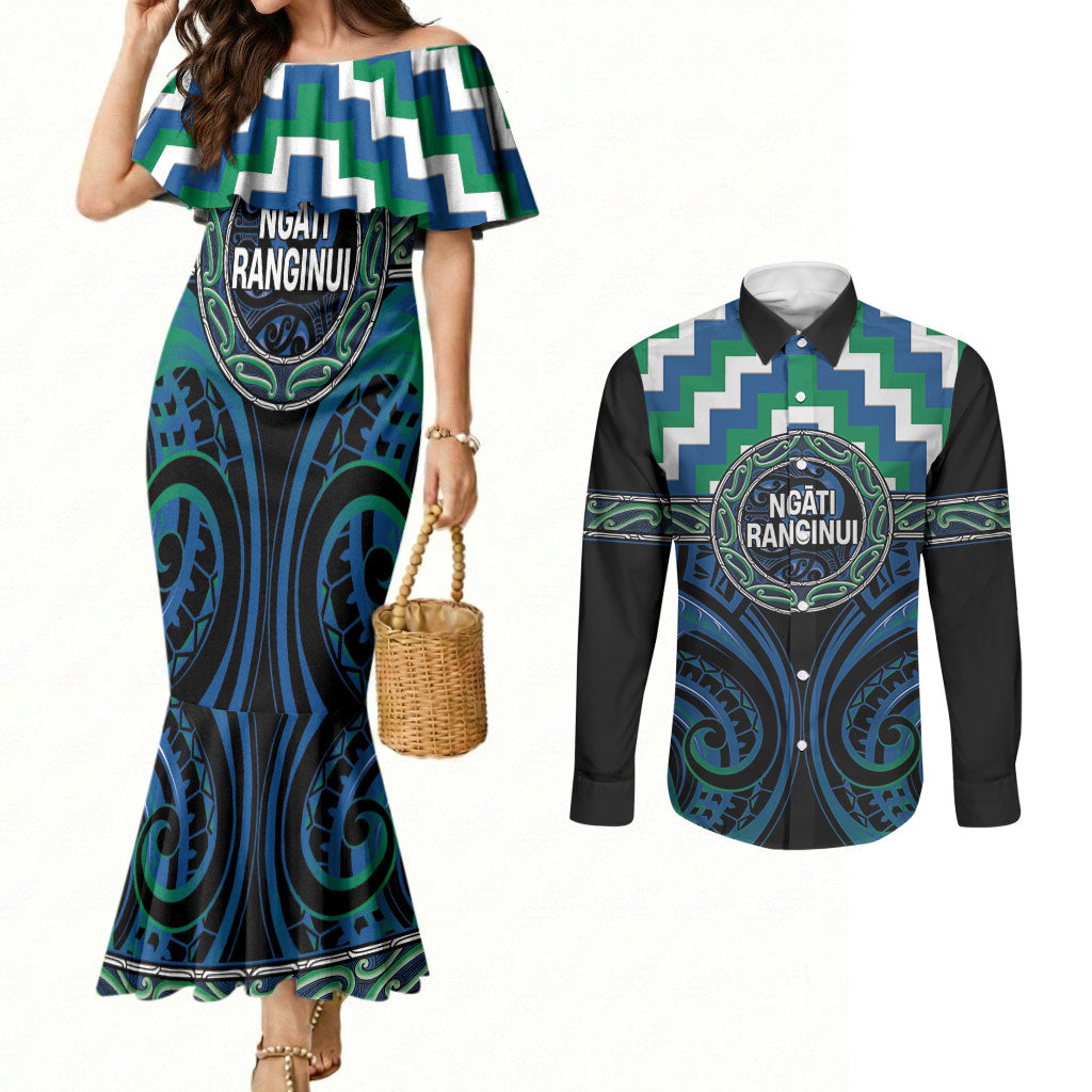 Aotearoa Ngati Ranginui Personalised Couples Matching Mermaid Dress and Long Sleeve Button Shirt Maori Iwi Poutama Puhoro Tattoo LT14 Green - Polynesian Pride