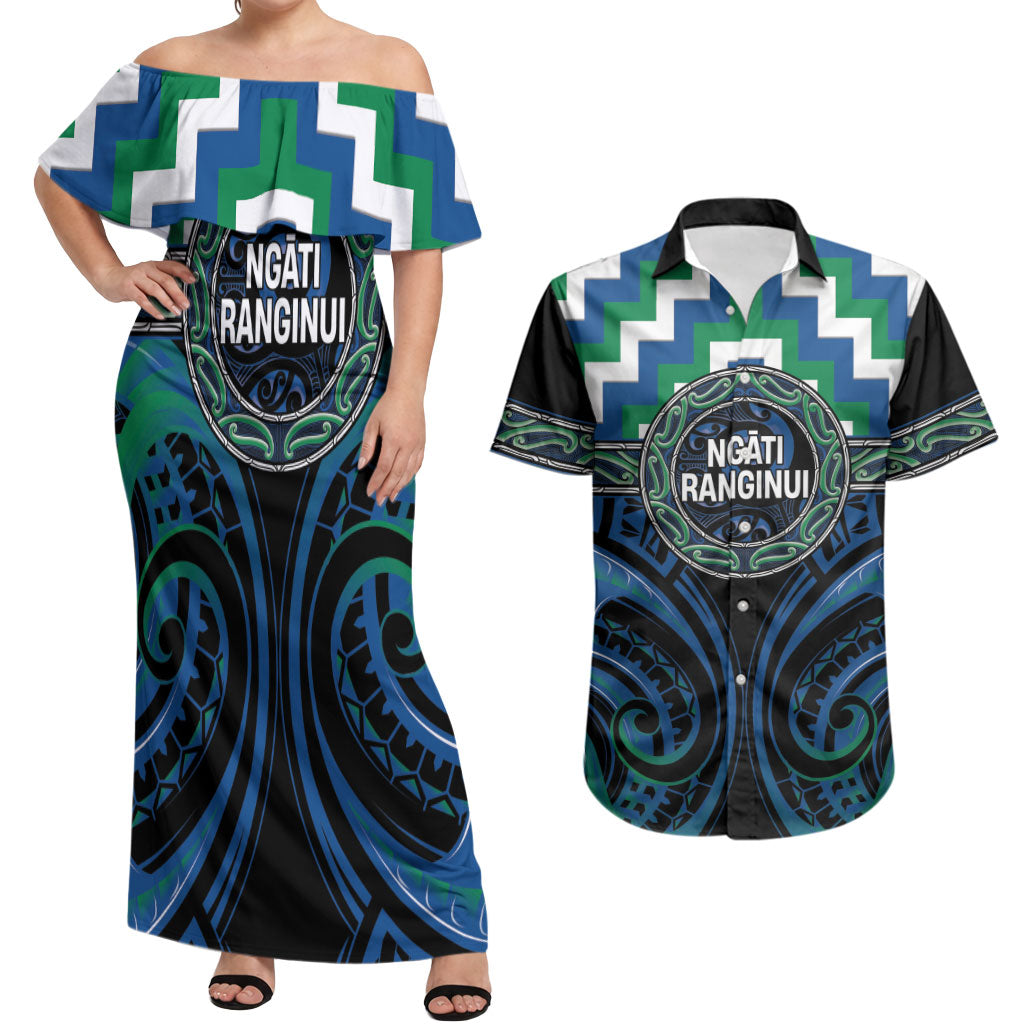 Aotearoa Ngati Ranginui Personalised Couples Matching Off Shoulder Maxi Dress and Hawaiian Shirt Maori Iwi Poutama Puhoro Tattoo LT14 Green - Polynesian Pride