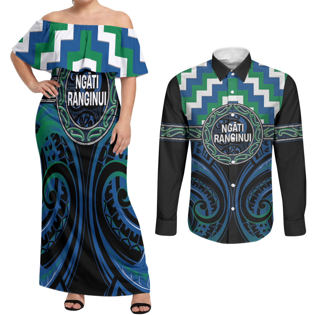 Aotearoa Ngati Ranginui Personalised Couples Matching Off Shoulder Maxi Dress and Long Sleeve Button Shirt Maori Iwi Poutama Puhoro Tattoo LT14 Green - Polynesian Pride