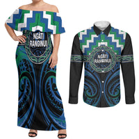 Aotearoa Ngati Ranginui Personalised Couples Matching Off Shoulder Maxi Dress and Long Sleeve Button Shirt Maori Iwi Poutama Puhoro Tattoo LT14 Green - Polynesian Pride