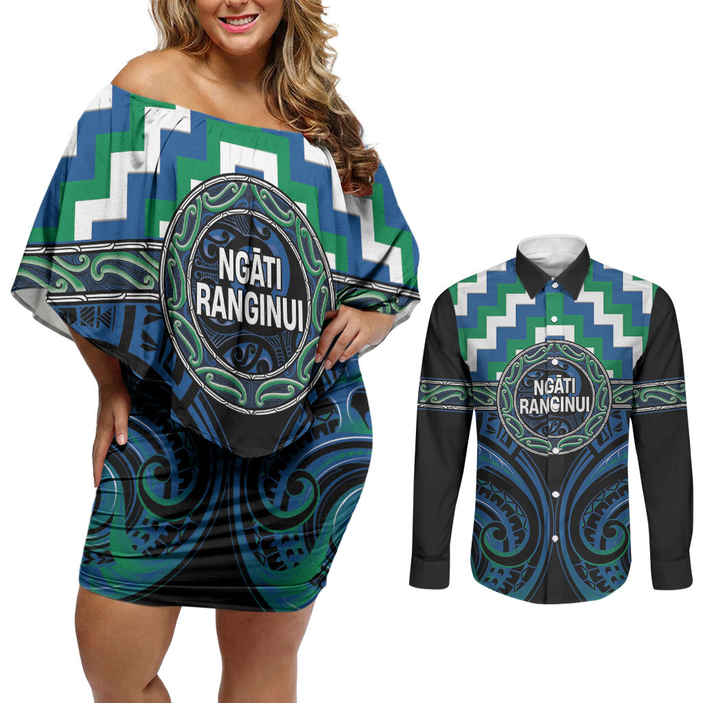Aotearoa Ngati Ranginui Personalised Couples Matching Off Shoulder Short Dress and Long Sleeve Button Shirt Maori Iwi Poutama Puhoro Tattoo LT14 Green - Polynesian Pride