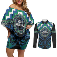 Aotearoa Ngati Ranginui Personalised Couples Matching Off Shoulder Short Dress and Long Sleeve Button Shirt Maori Iwi Poutama Puhoro Tattoo LT14 Green - Polynesian Pride