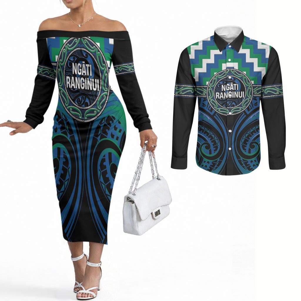 Aotearoa Ngati Ranginui Personalised Couples Matching Off The Shoulder Long Sleeve Dress and Long Sleeve Button Shirt Maori Iwi Poutama Puhoro Tattoo LT14 Green - Polynesian Pride