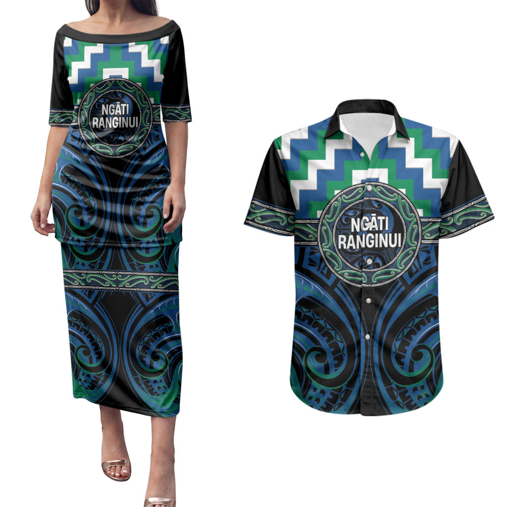 Aotearoa Ngati Ranginui Personalised Couples Matching Puletasi and Hawaiian Shirt Maori Iwi Poutama Puhoro Tattoo LT14 Green - Polynesian Pride