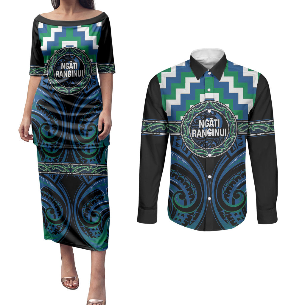 Aotearoa Ngati Ranginui Personalised Couples Matching Puletasi and Long Sleeve Button Shirt Maori Iwi Poutama Puhoro Tattoo LT14 Green - Polynesian Pride