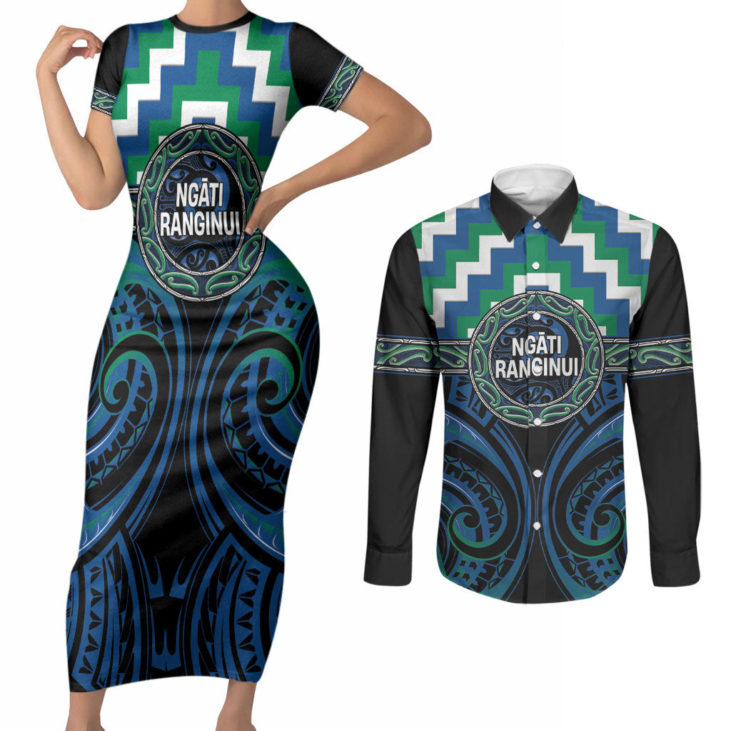 Aotearoa Ngati Ranginui Personalised Couples Matching Short Sleeve Bodycon Dress and Long Sleeve Button Shirt Maori Iwi Poutama Puhoro Tattoo LT14 Green - Polynesian Pride