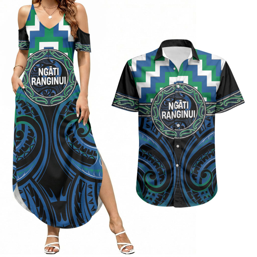 Aotearoa Ngati Ranginui Personalised Couples Matching Summer Maxi Dress and Hawaiian Shirt Maori Iwi Poutama Puhoro Tattoo LT14 Green - Polynesian Pride