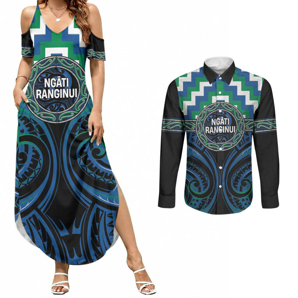 Aotearoa Ngati Ranginui Personalised Couples Matching Summer Maxi Dress and Long Sleeve Button Shirt Maori Iwi Poutama Puhoro Tattoo LT14 Green - Polynesian Pride