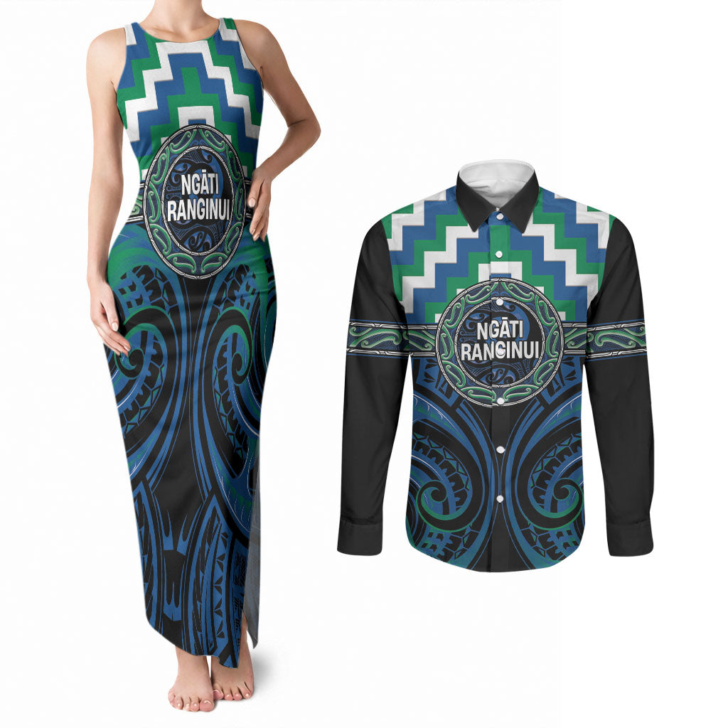 Aotearoa Ngati Ranginui Personalised Couples Matching Tank Maxi Dress and Long Sleeve Button Shirt Maori Iwi Poutama Puhoro Tattoo LT14 Green - Polynesian Pride