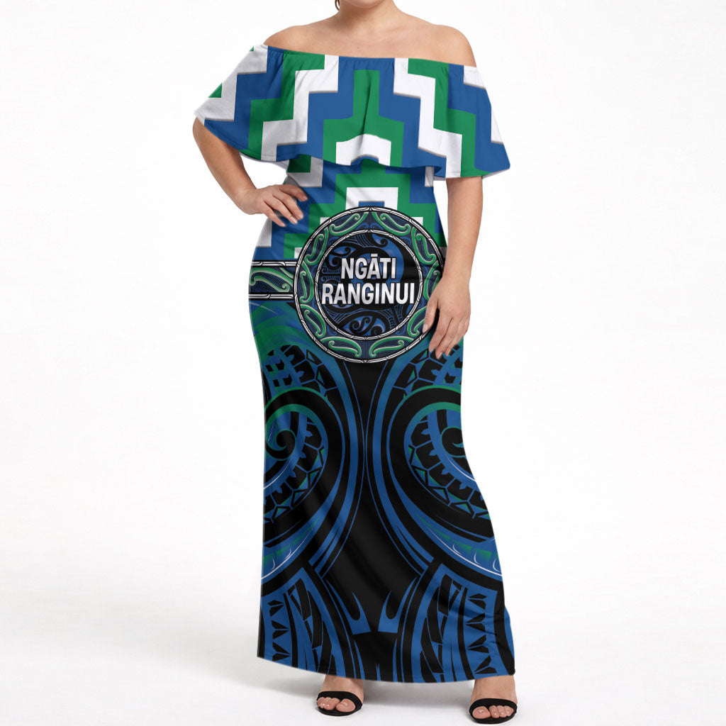 Aotearoa Ngati Ranginui Personalised Off Shoulder Maxi Dress Maori Iwi Poutama Puhoro Tattoo LT14 Women Green - Polynesian Pride