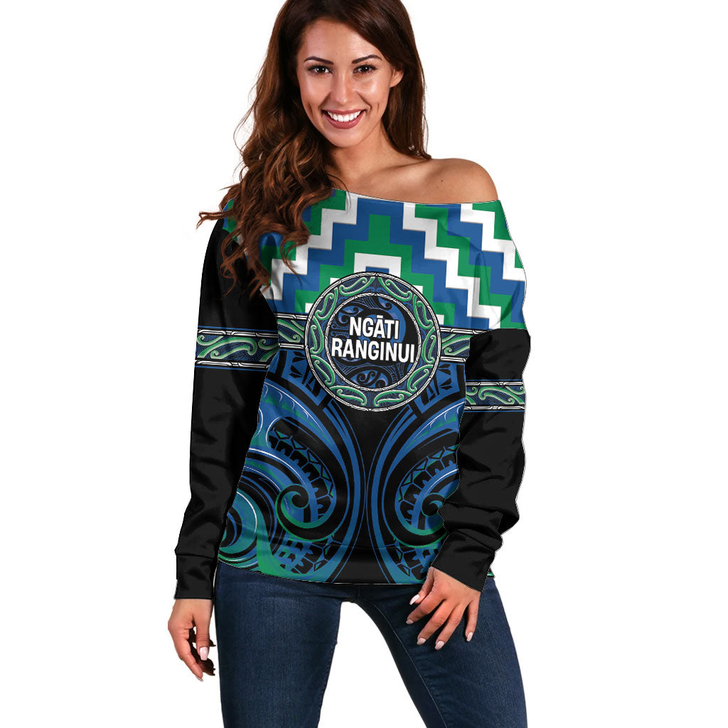 Aotearoa Ngati Ranginui Personalised Off Shoulder Sweater Maori Iwi Poutama Puhoro Tattoo LT14 Women Green - Polynesian Pride
