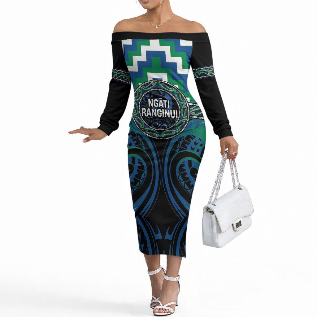 Aotearoa Ngati Ranginui Personalised Off The Shoulder Long Sleeve Dress Maori Iwi Poutama Puhoro Tattoo LT14 Women Green - Polynesian Pride