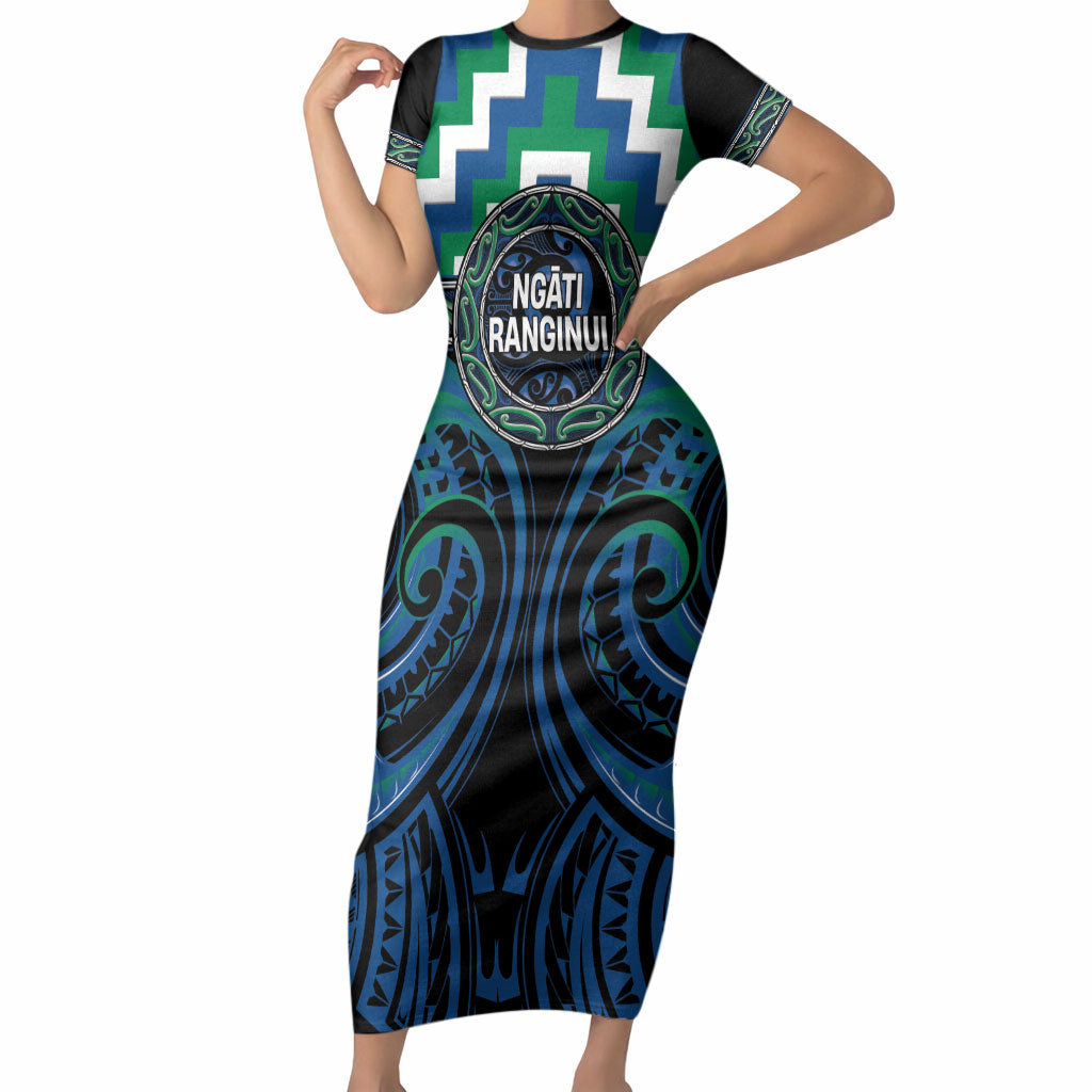 Aotearoa Ngati Ranginui Personalised Short Sleeve Bodycon Dress Maori Iwi Poutama Puhoro Tattoo LT14 Long Dress Green - Polynesian Pride