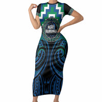Aotearoa Ngati Ranginui Personalised Short Sleeve Bodycon Dress Maori Iwi Poutama Puhoro Tattoo LT14 Long Dress Green - Polynesian Pride