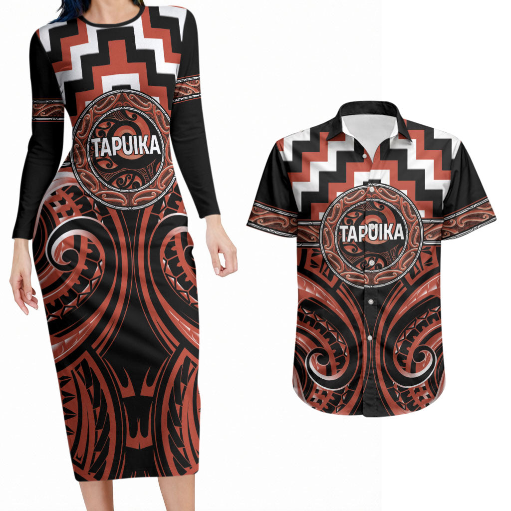 Aotearoa Tapuika Personalised Couples Matching Long Sleeve Bodycon Dress and Hawaiian Shirt Maori Iwi Poutama Puhoro Tattoo LT14 Red - Polynesian Pride