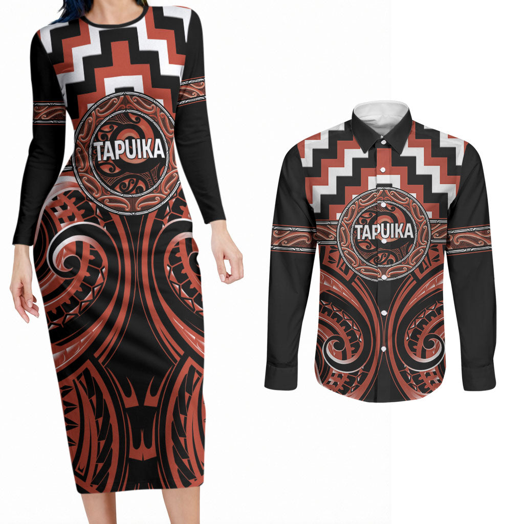 Aotearoa Tapuika Personalised Couples Matching Long Sleeve Bodycon Dress and Long Sleeve Button Shirt Maori Iwi Poutama Puhoro Tattoo LT14 Red - Polynesian Pride