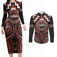 Aotearoa Tapuika Personalised Couples Matching Long Sleeve Bodycon Dress and Long Sleeve Button Shirt Maori Iwi Poutama Puhoro Tattoo LT14 Red - Polynesian Pride