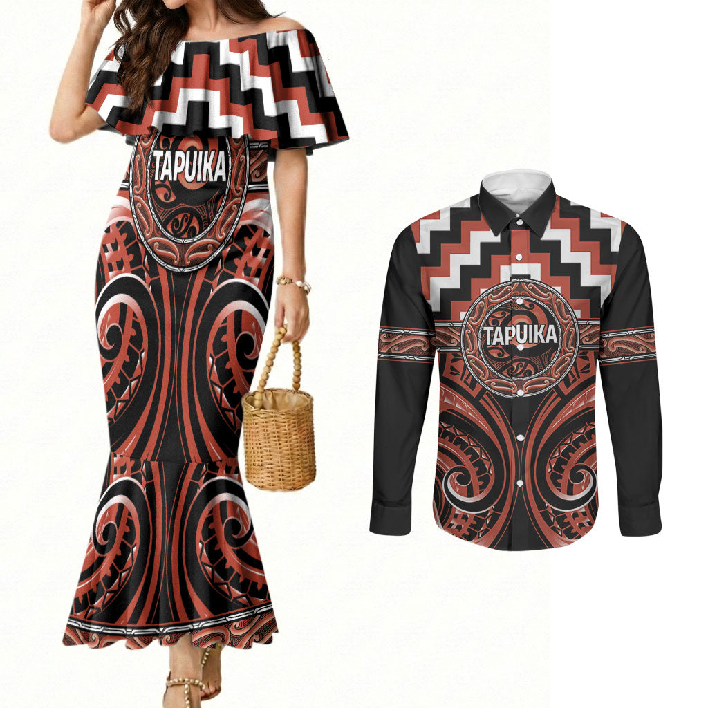 Aotearoa Tapuika Personalised Couples Matching Mermaid Dress and Long Sleeve Button Shirt Maori Iwi Poutama Puhoro Tattoo LT14 Red - Polynesian Pride