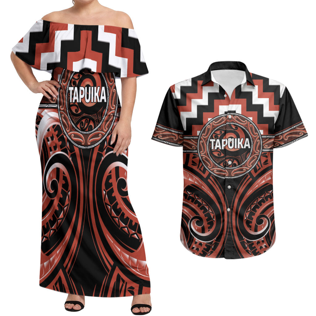 Aotearoa Tapuika Personalised Couples Matching Off Shoulder Maxi Dress and Hawaiian Shirt Maori Iwi Poutama Puhoro Tattoo LT14 Red - Polynesian Pride