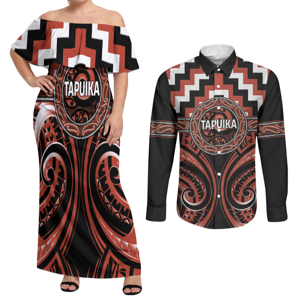 Aotearoa Tapuika Personalised Couples Matching Off Shoulder Maxi Dress and Long Sleeve Button Shirt Maori Iwi Poutama Puhoro Tattoo LT14 Red - Polynesian Pride