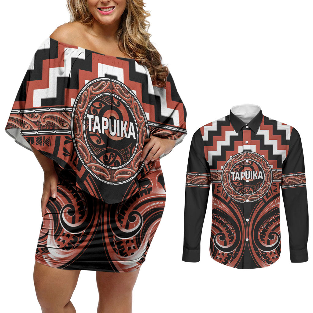 Aotearoa Tapuika Personalised Couples Matching Off Shoulder Short Dress and Long Sleeve Button Shirt Maori Iwi Poutama Puhoro Tattoo LT14 Red - Polynesian Pride