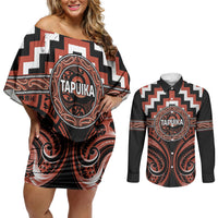 Aotearoa Tapuika Personalised Couples Matching Off Shoulder Short Dress and Long Sleeve Button Shirt Maori Iwi Poutama Puhoro Tattoo LT14 Red - Polynesian Pride