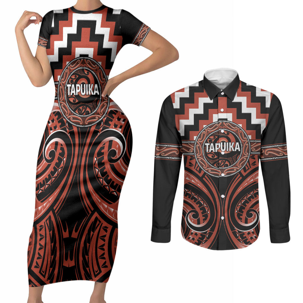 Aotearoa Tapuika Personalised Couples Matching Short Sleeve Bodycon Dress and Long Sleeve Button Shirt Maori Iwi Poutama Puhoro Tattoo LT14 Red - Polynesian Pride