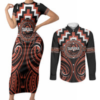 Aotearoa Tapuika Personalised Couples Matching Short Sleeve Bodycon Dress and Long Sleeve Button Shirt Maori Iwi Poutama Puhoro Tattoo LT14 Red - Polynesian Pride