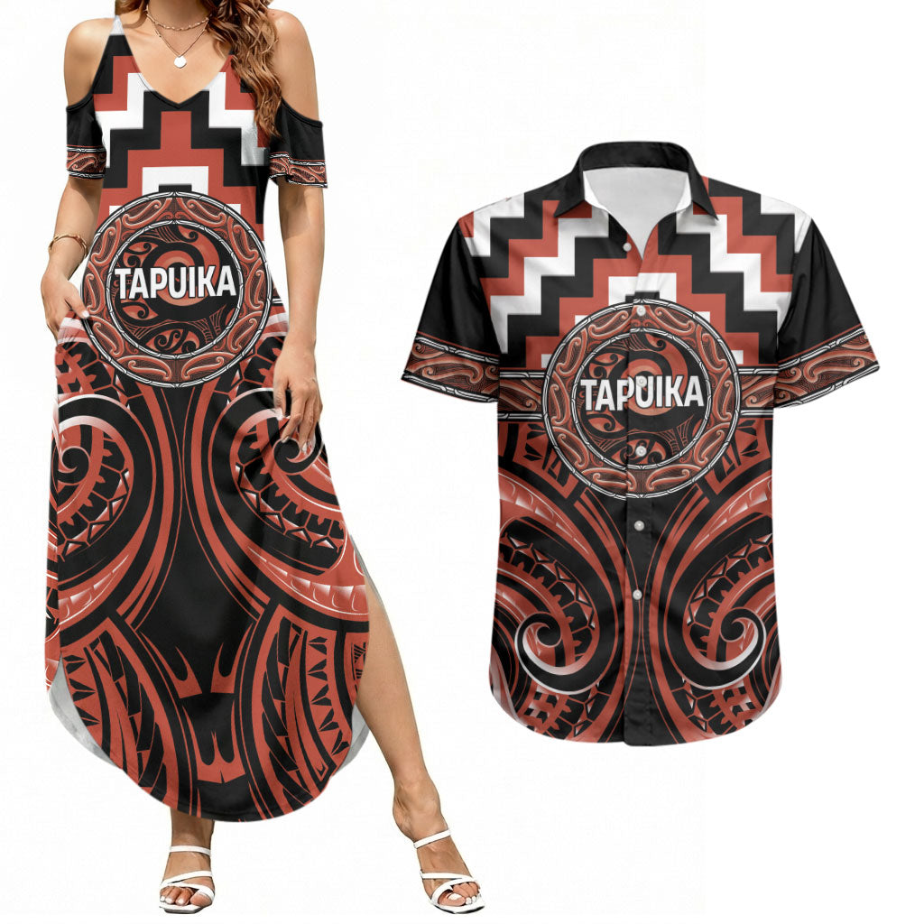 Aotearoa Tapuika Personalised Couples Matching Summer Maxi Dress and Hawaiian Shirt Maori Iwi Poutama Puhoro Tattoo LT14 Red - Polynesian Pride