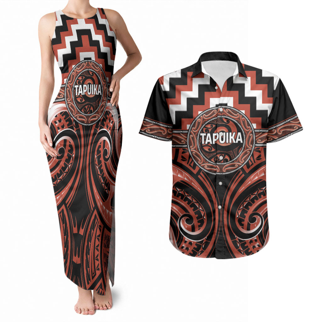 Aotearoa Tapuika Personalised Couples Matching Tank Maxi Dress and Hawaiian Shirt Maori Iwi Poutama Puhoro Tattoo LT14 Red - Polynesian Pride