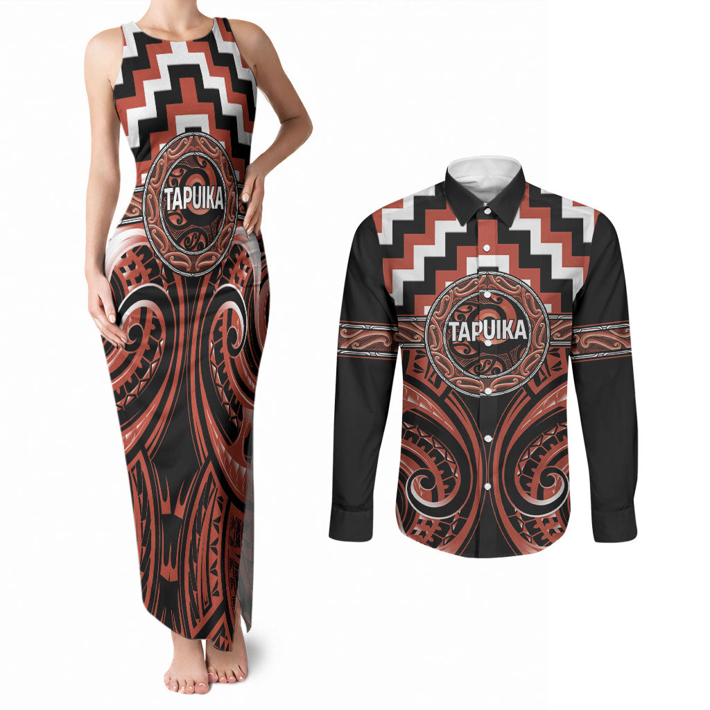 Aotearoa Tapuika Personalised Couples Matching Tank Maxi Dress and Long Sleeve Button Shirt Maori Iwi Poutama Puhoro Tattoo LT14 Red - Polynesian Pride