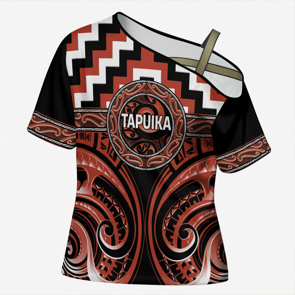 Aotearoa Tapuika Personalised Cross Shoulder Shirt Maori Iwi Poutama Puhoro Tattoo LT14 Female Red - Polynesian Pride