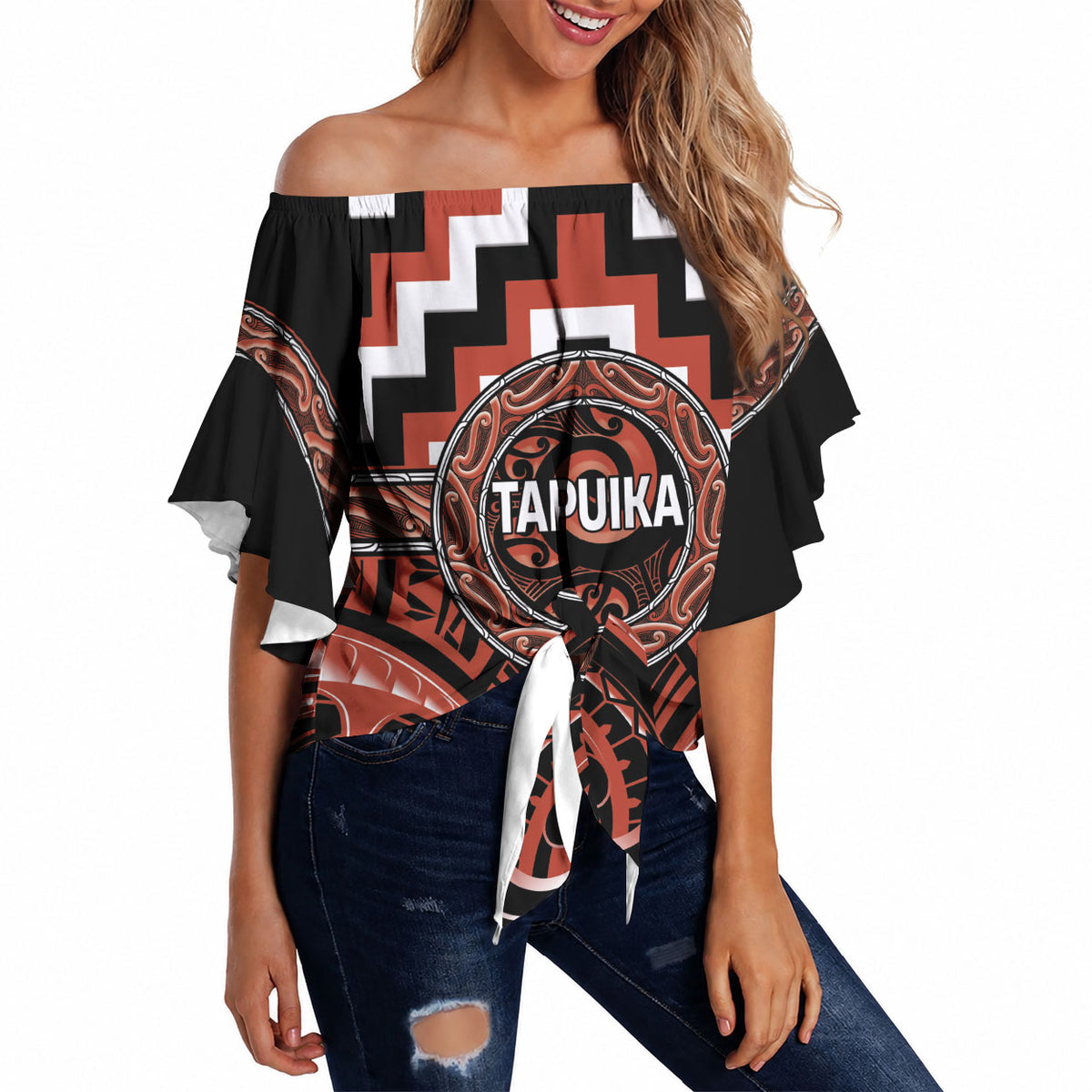 Aotearoa Tapuika Personalised Off Shoulder Wrap Waist Top Maori Iwi Poutama Puhoro Tattoo LT14 Red - Polynesian Pride