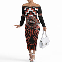 Aotearoa Tapuika Personalised Off The Shoulder Long Sleeve Dress Maori Iwi Poutama Puhoro Tattoo LT14 Women Red - Polynesian Pride