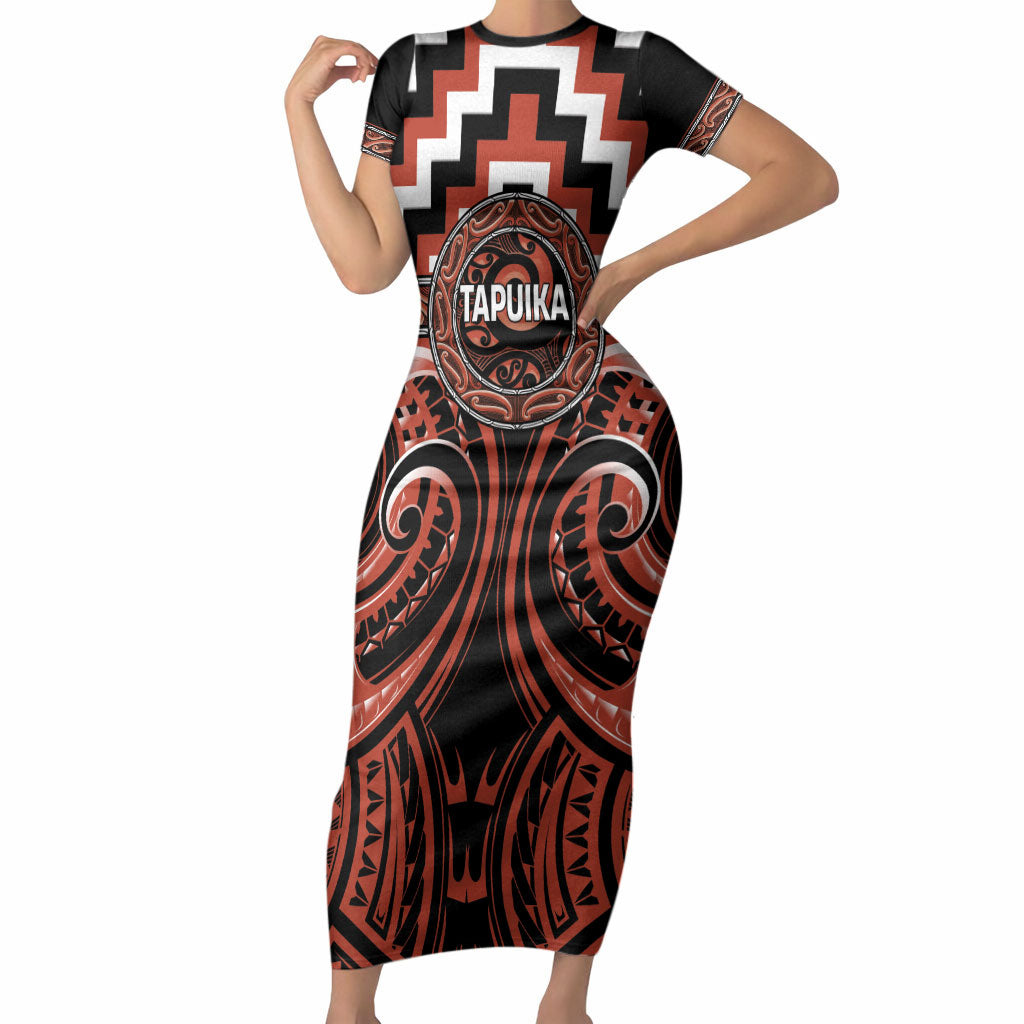 Aotearoa Tapuika Personalised Short Sleeve Bodycon Dress Maori Iwi Poutama Puhoro Tattoo LT14 Long Dress Red - Polynesian Pride
