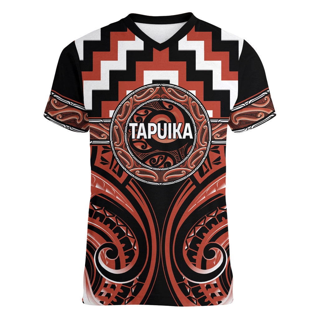 Aotearoa Tapuika Personalised Women V-Neck T-Shirt Maori Iwi Poutama Puhoro Tattoo LT14 Female Red - Polynesian Pride