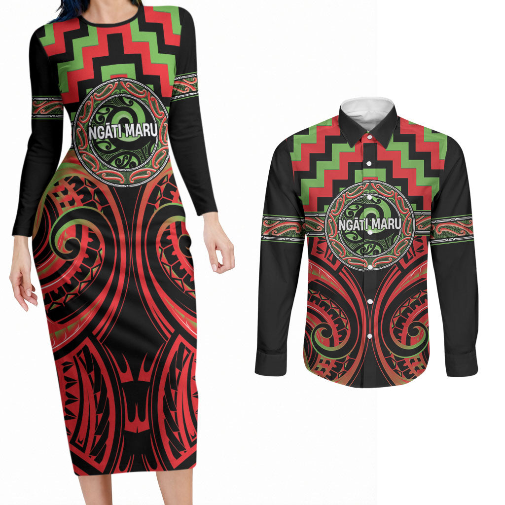 Aotearoa Ngati Maru Personalised Couples Matching Long Sleeve Bodycon Dress and Long Sleeve Button Shirt Maori Iwi Poutama Puhoro Tattoo LT14 Red - Polynesian Pride