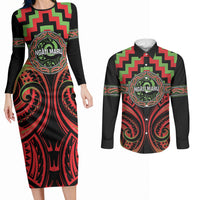 Aotearoa Ngati Maru Personalised Couples Matching Long Sleeve Bodycon Dress and Long Sleeve Button Shirt Maori Iwi Poutama Puhoro Tattoo LT14 Red - Polynesian Pride
