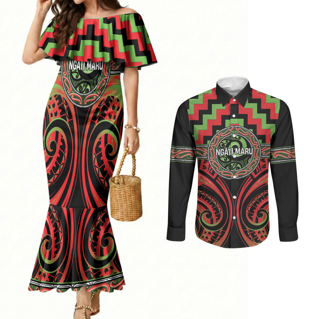 Aotearoa Ngati Maru Personalised Couples Matching Mermaid Dress and Long Sleeve Button Shirt Maori Iwi Poutama Puhoro Tattoo LT14 Red - Polynesian Pride