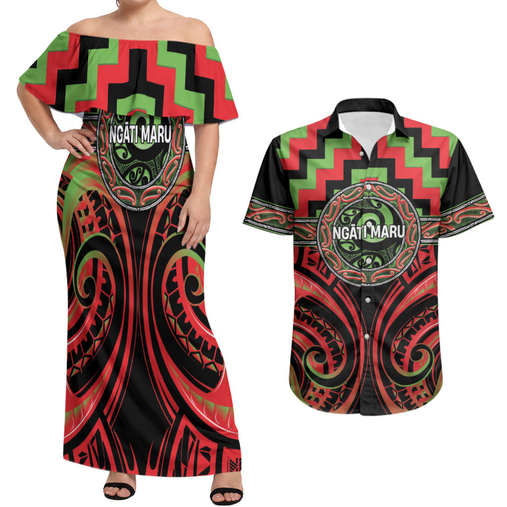 Aotearoa Ngati Maru Personalised Couples Matching Off Shoulder Maxi Dress and Hawaiian Shirt Maori Iwi Poutama Puhoro Tattoo LT14 Red - Polynesian Pride