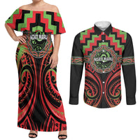 Aotearoa Ngati Maru Personalised Couples Matching Off Shoulder Maxi Dress and Long Sleeve Button Shirt Maori Iwi Poutama Puhoro Tattoo LT14 Red - Polynesian Pride
