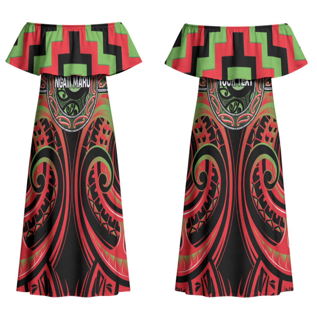 Aotearoa Ngati Maru Personalised Couples Matching Off Shoulder Maxi Dress and Long Sleeve Button Shirt Maori Iwi Poutama Puhoro Tattoo LT14 - Polynesian Pride